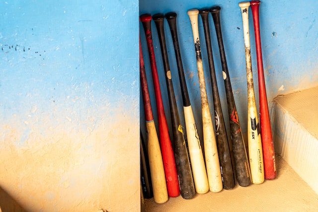 Group of baseball and softball bats.